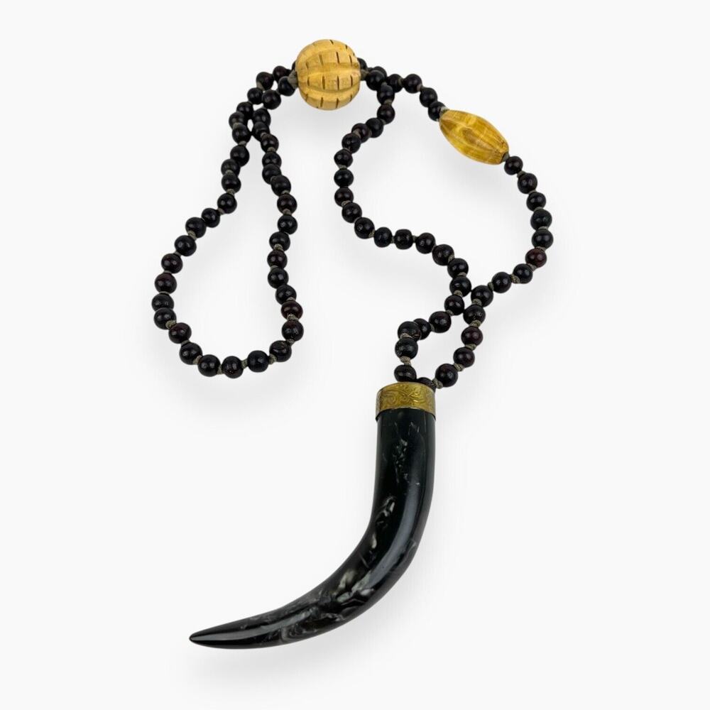 Wooden Beaded Necklace Brown Hand Knotted Large Black Horn Pendant Boho Tribal